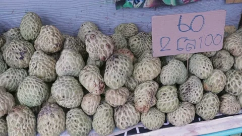 Sweet Custard Apple Or Sugar Apple For Sale, Local Thai Street Food Open Market Stock Footage 228883864