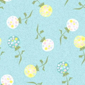 Sweet Dandelion Repeat Pattern With Polka Dots In Blue And White Stock Illustration