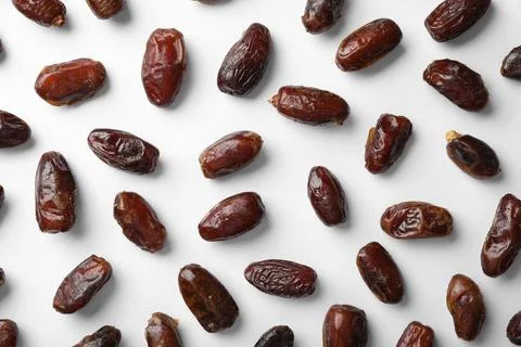 Sweet dates on white background, top view. Dried fruit as healthy snack 스톡 사진