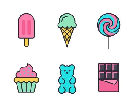 Sweet dessert icon set with ice cream, candy and cupcake Stock Illustration