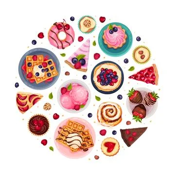 Sweet Dessert Round Composition Design Above View Vector Template Ilustração Stock