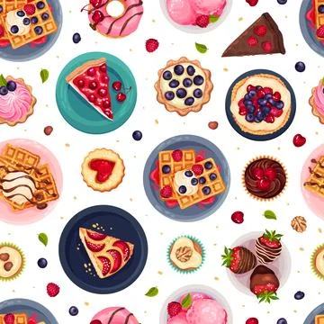 Sweet Dessert Seamless Pattern Design Above View Vector Template Ilustração Stock