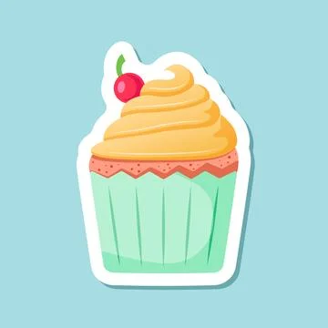 Sweet dessert sticker icon in flat style. Cupcake vector illustration on is.. Stock Illustration