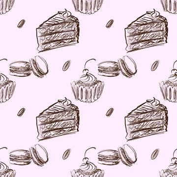 Sweet Desserts Scribble Seamless Pattern on Pastel Pink Background Stock Illustration