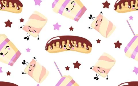 Sweet Desserts Seamless Pattern. eclairs, drinks on a gentle light background Stock Illustration