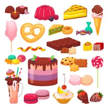 Sweet desserts set of isolated vector illustrations. Cake with cream, chocolate Stock Illustration
