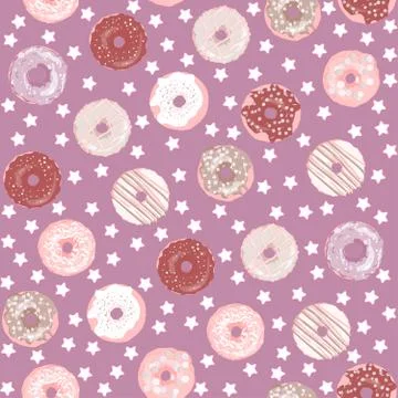 Sweet donuts with colorful glaze and stars background. A seamless pattern can Illustrazione stock
