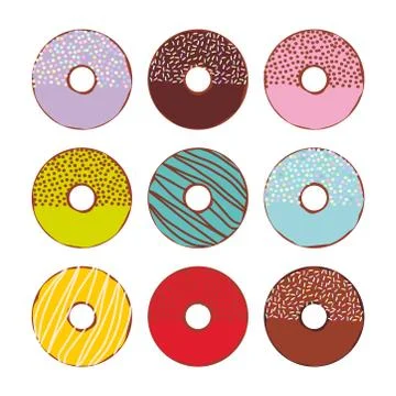 Sweet donuts set with icing and sprinkls isolated, pastel colors on white bac Stock Illustration