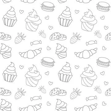 Sweet doodle is a seamless pattern of candies, muffins, goodies Stock Illustration