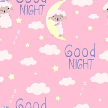 Sweet dreams seamless pattern for bedding on pink background with cute sheep  Illustrazione stock