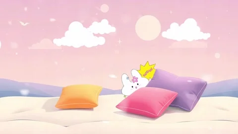 Sweet Dreams Slumber: Soft Pillows, Playful Bunny, and a Dreamy Sky Create a Co Stock Footage 307003473
