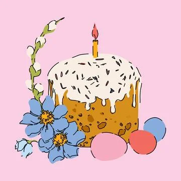 Sweet Easter Cake with a Candle and Colorful Easter Eggs 스톡 일러스트