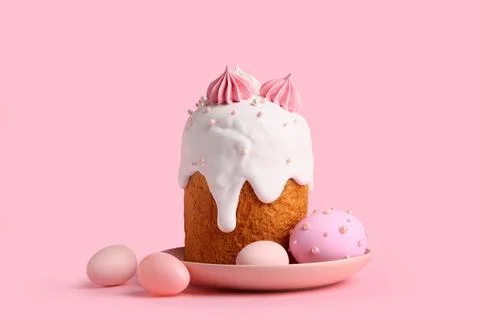 Sweet Easter cake with meringue and painted eggs on pink background Stock Photos