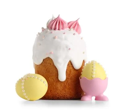 Sweet Easter cake with meringue and painted eggs on white background Stock Photos