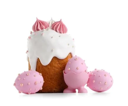 Sweet Easter cake with meringue and painted eggs on white background Stock Photos