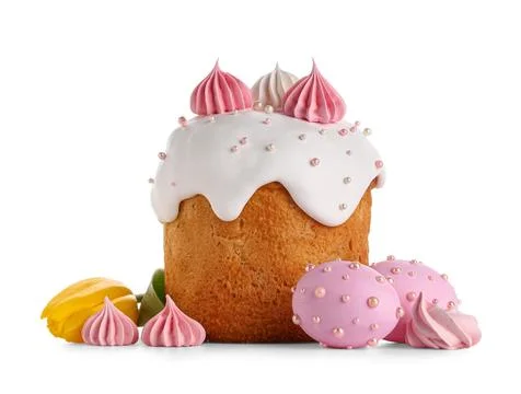 Sweet Easter cake with meringue, painted eggs and tulip flower on white backg Stock Photos