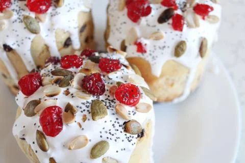 Sweet Easter homemade breads with white glaze close-up Stock Photos