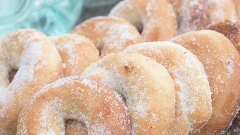 Sweet flour donuts with sugar 스톡 동영상 123724997