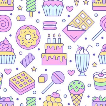 Sweet food seamless pattern with flat line icons. Pastry vector illustrations - Illustrazione stock