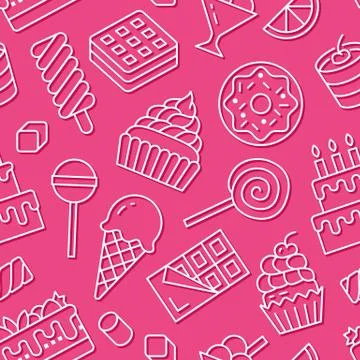 Sweet food seamless pattern with flat line icons. Pastry vector illustrations - Illustrazione stock