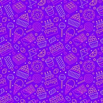 Sweet food seamless pattern with flat line icons. Pastry vector illustrations - Stock Illustration