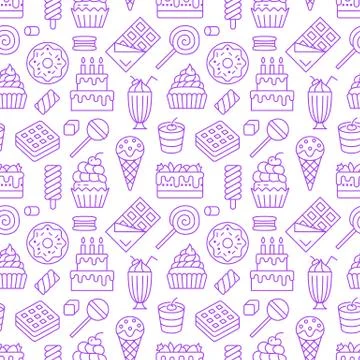 Sweet food seamless pattern with flat line icons. Pastry vector illustrations - Stock Illustration