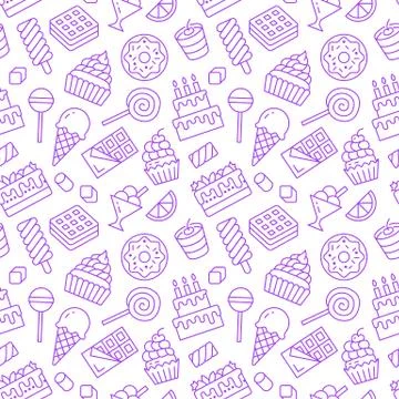 Sweet food seamless pattern with flat line icons. Pastry vector illustrations - Stock Illustration