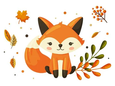 Sweet Fox with Autumn Foliage Elements 스톡 일러스트