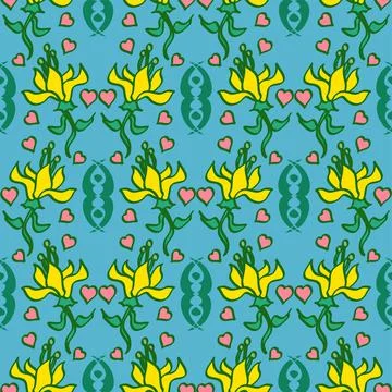 Sweet Fresh Floral Vector Repeat Pattern In Blue And Yellow Stock Illustration