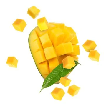 Sweet fresh mango cut in cubes flying on white background Stock Photos