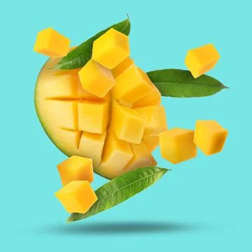 Sweet fresh mango cut in cubes falling on turquoise background Stock Photos