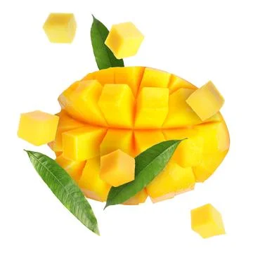 Sweet fresh mango cut in cubes flying on white background Stock Photos