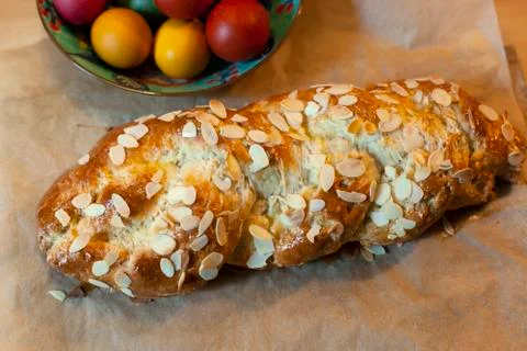 Sweet freshly baked easter bread with egg decoration Stock Photos