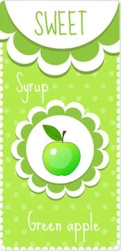 Sweet fruit labels for drinks, syrup, jam. Green apple label. Vector illust.. Stock Illustration