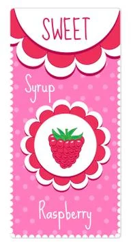 Sweet fruit labels for drinks, syrup, jam. Raspberry label. Vector illustrati Stock Illustration