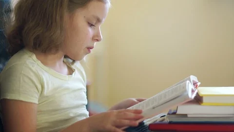 A sweet girl is preparing lessons. Reading books. Home schooling. Education of Stock Footage 89486239