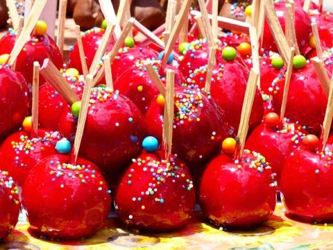 Sweet glazed red candy apples Stock Photos