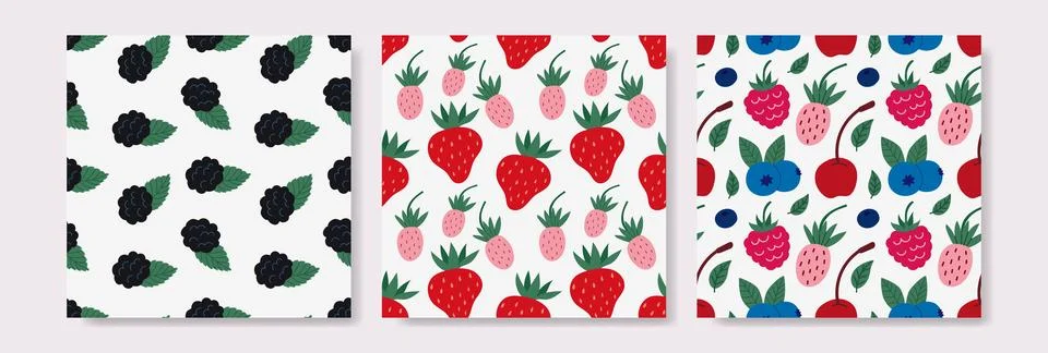 Sweet hand drawn berry patterns-blackberries, strawberries, and mixed fruit Illustrazione stock
