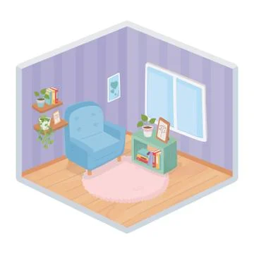 Sweet home sofa bookcase frame shelf carpet frame window room isometric style イラスト素材