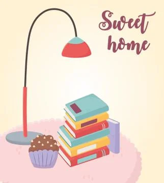 Sweet home stack of books floor lamp cupcake on carpet Stock Illustration