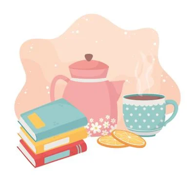 Sweet home stack of books kettle coffee cup sliced oranges Illustrazione stock