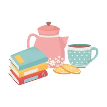 Sweet home stack of books kettle coffee cup sliced oranges Illustrazione stock