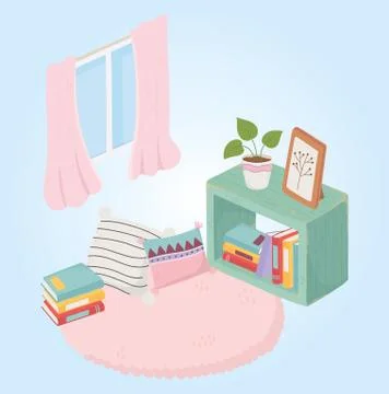 Sweet home stack of books potted plant cushions carpet and window Stock Illustration