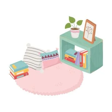 Sweet home stack of books potted plant cushions carpet Stock Illustration