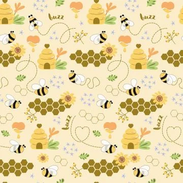 Sweet honey seamless pattern Cute bees, tasty healthy honey, bee hive, flower Stock Illustration