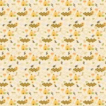 Sweet honey seamless pattern Cute bees, tasty healthy honey, bee hive, flower Stock Illustration