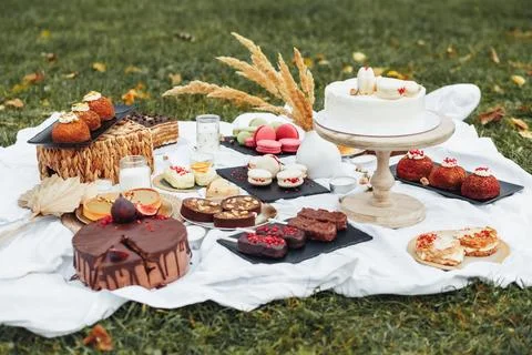 Sweet Indulgence: Array of Desserts on Picnic Blanket Stock Photos
