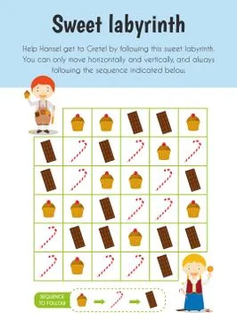 Sweet labyrinth Educational Sheet. Primary module for Attention and Perceptio Illustrazione stock
