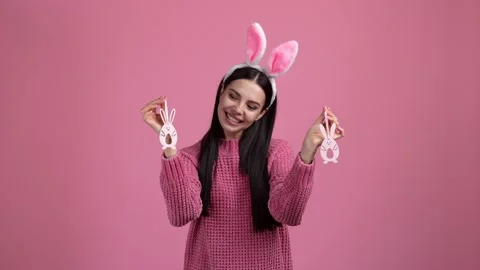 Sweet lady hold craft easter present bunny isolated pastel color background Video stock 234309298