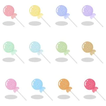 Sweet lollipop collection with star patterns and wavy swirls, 12 colorful c.. Stock Illustration